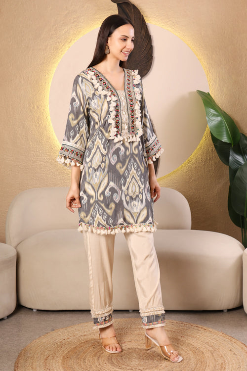 Grey printed kurta co-ord set for women with embroidered neckline and tassel detailing