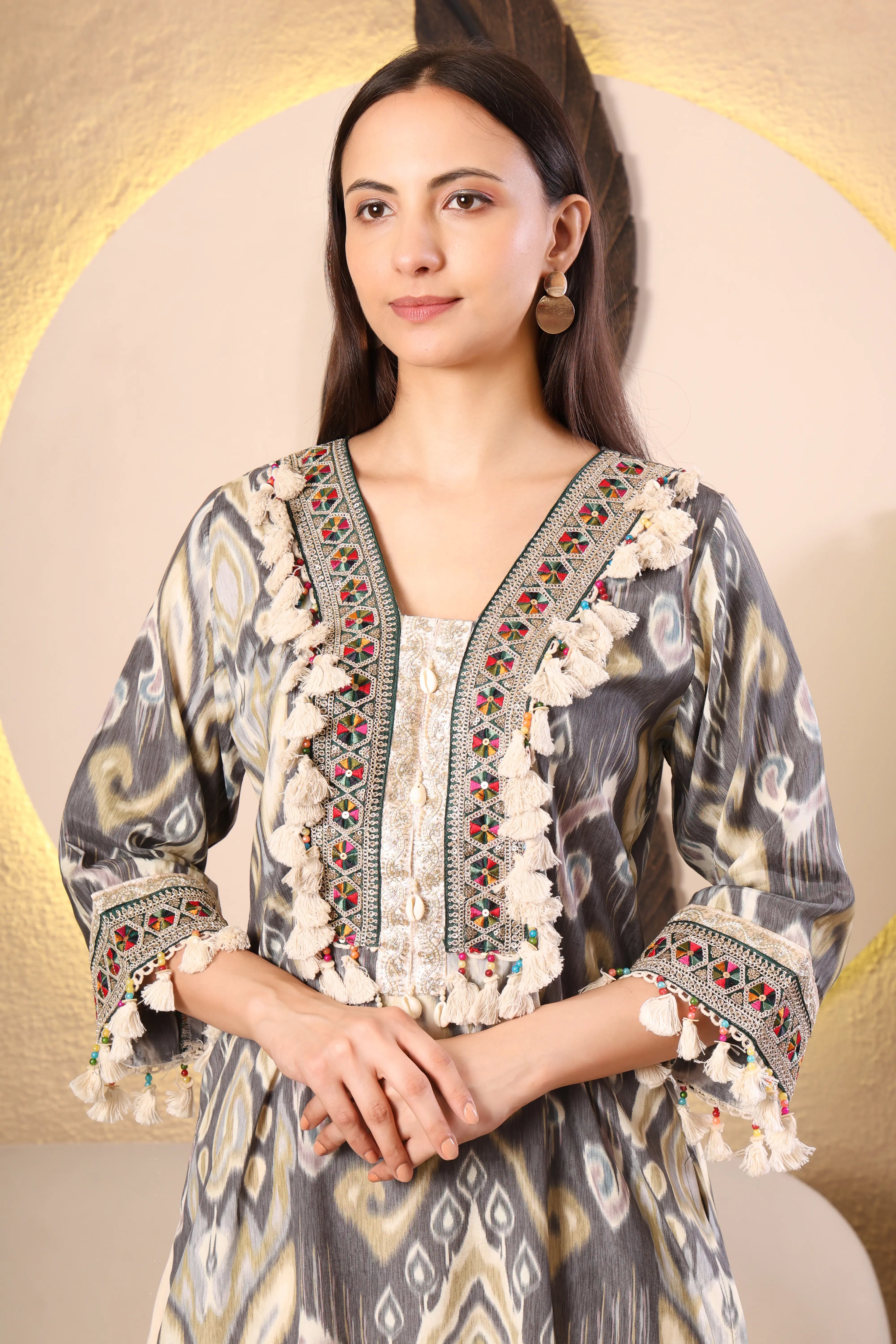 Grey printed kurta co-ord set for women with embroidered neckline and tassel detailing