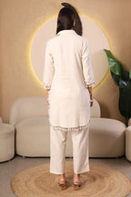 Off white embroidered kurta co-ord set for women with tassel detailing