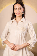 Off white embroidered kurta co-ord set for women with tassel detailing