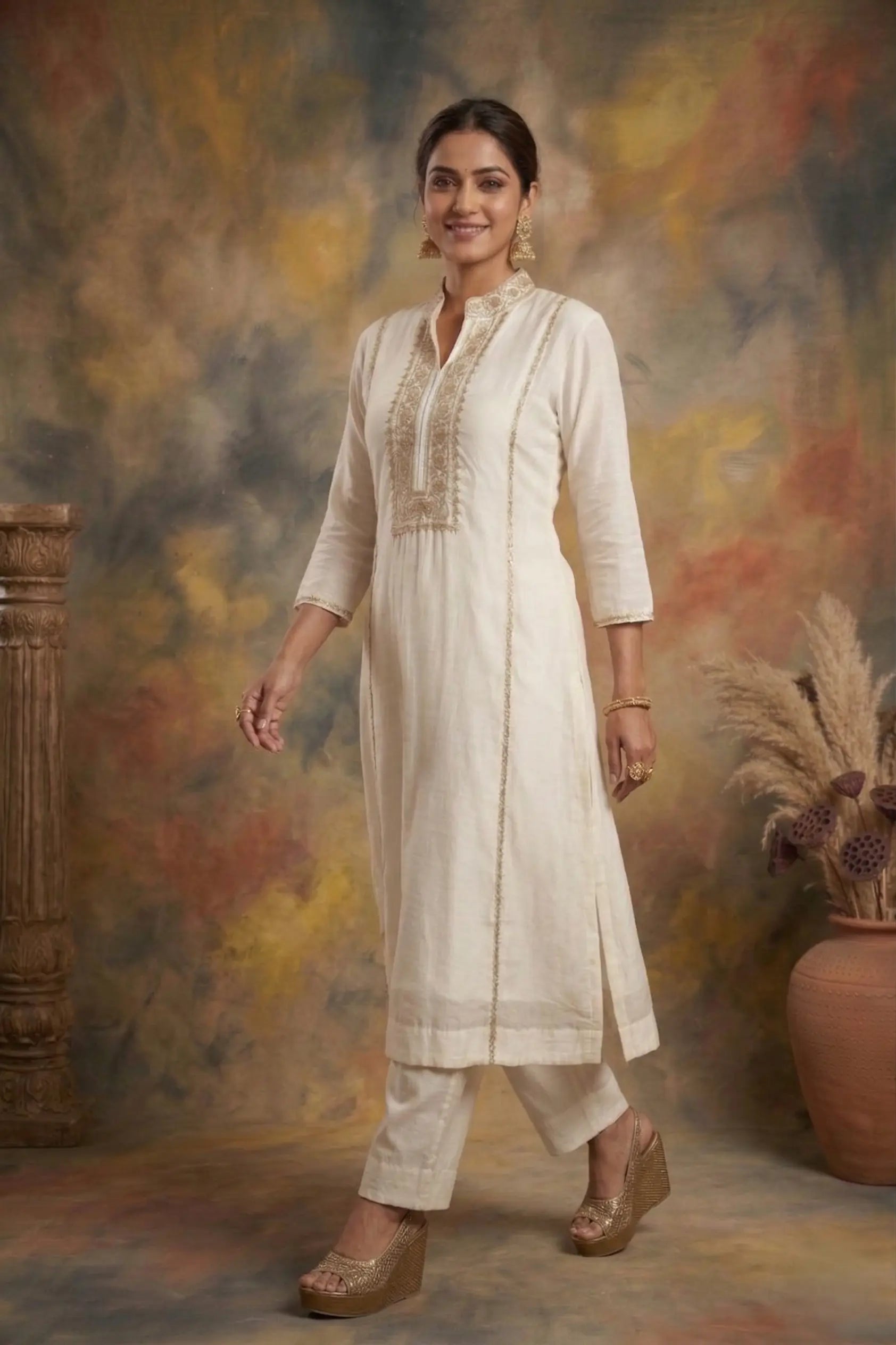 Ivory White Mul Chanderi Zardozi Embroidered Straight Suit