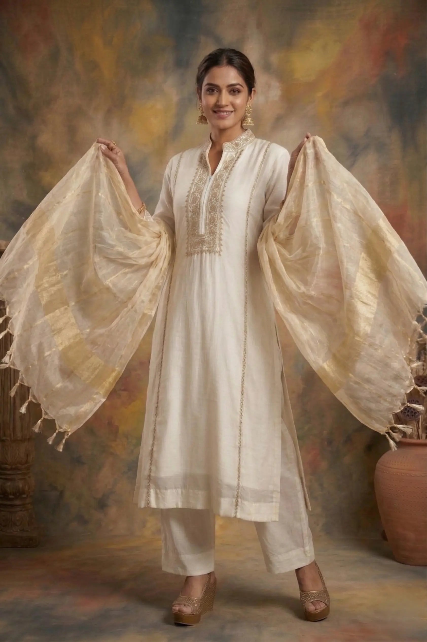 Ivory White Mul Chanderi Zardozi Embroidered Straight Suit
