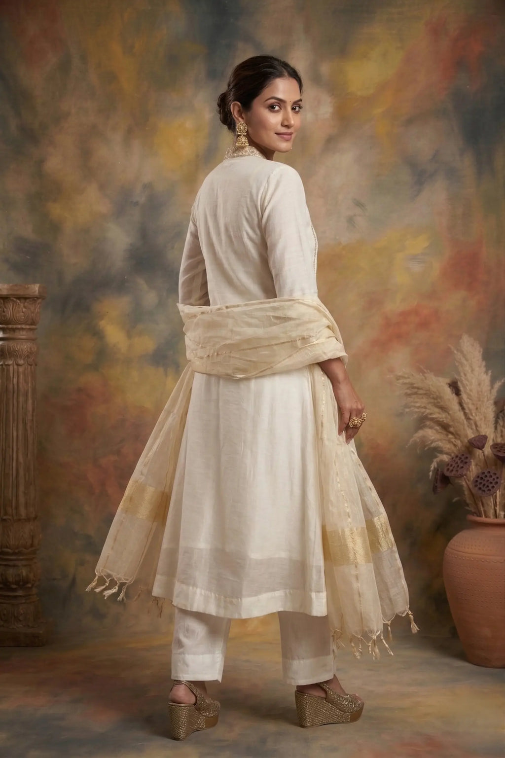 Ivory White Mul Chanderi Zardozi Embroidered Straight Suit