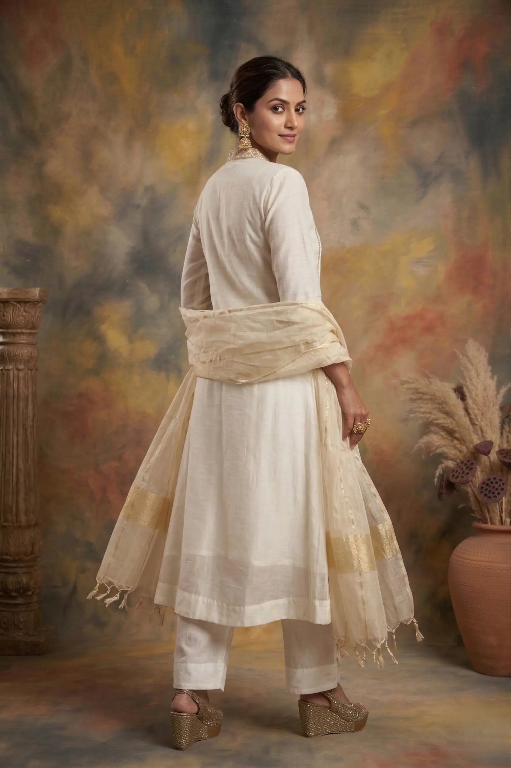 Ivory White Mul Chanderi Zardozi Embroidered Straight Suit