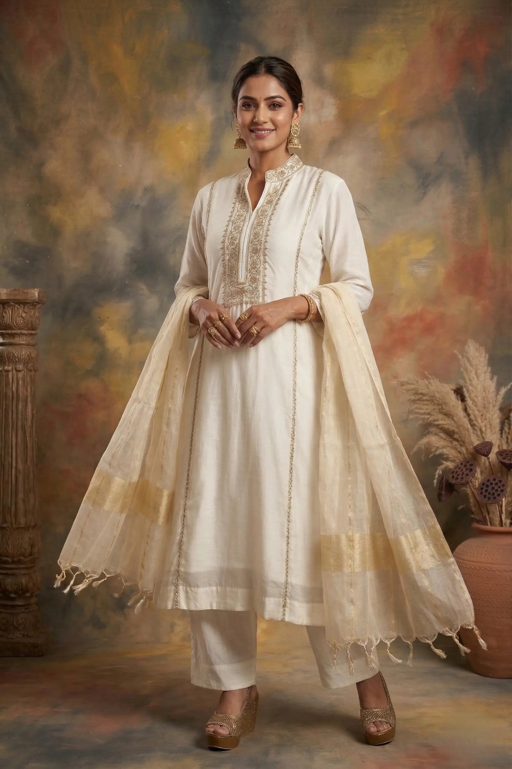 Ivory White Mul Chanderi Zardozi Embroidered Straight Suit
