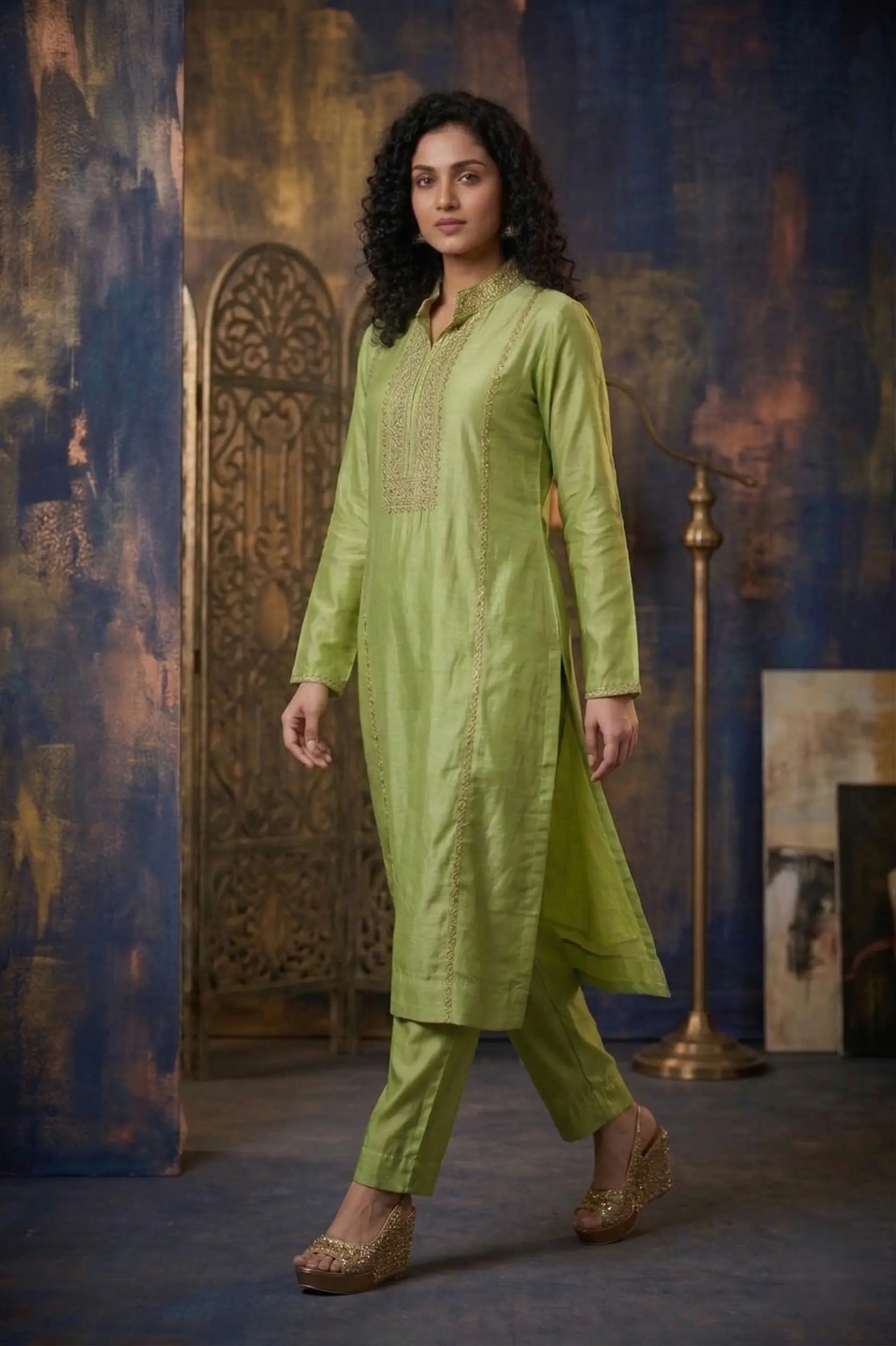 Pistachio Green Mul Chanderi Zardozi Embroidered Straight Suit Set