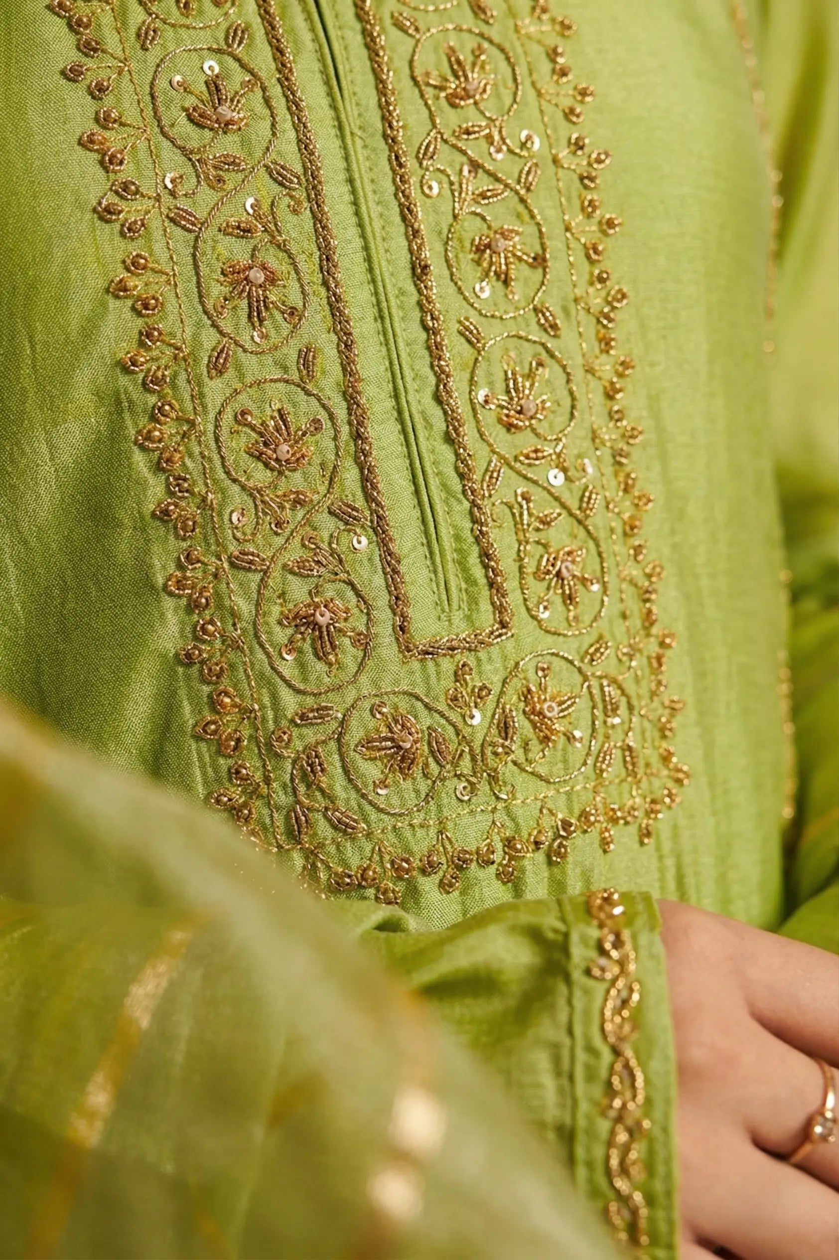 Pistachio Green Mul Chanderi Zardozi Embroidered Straight Suit Set