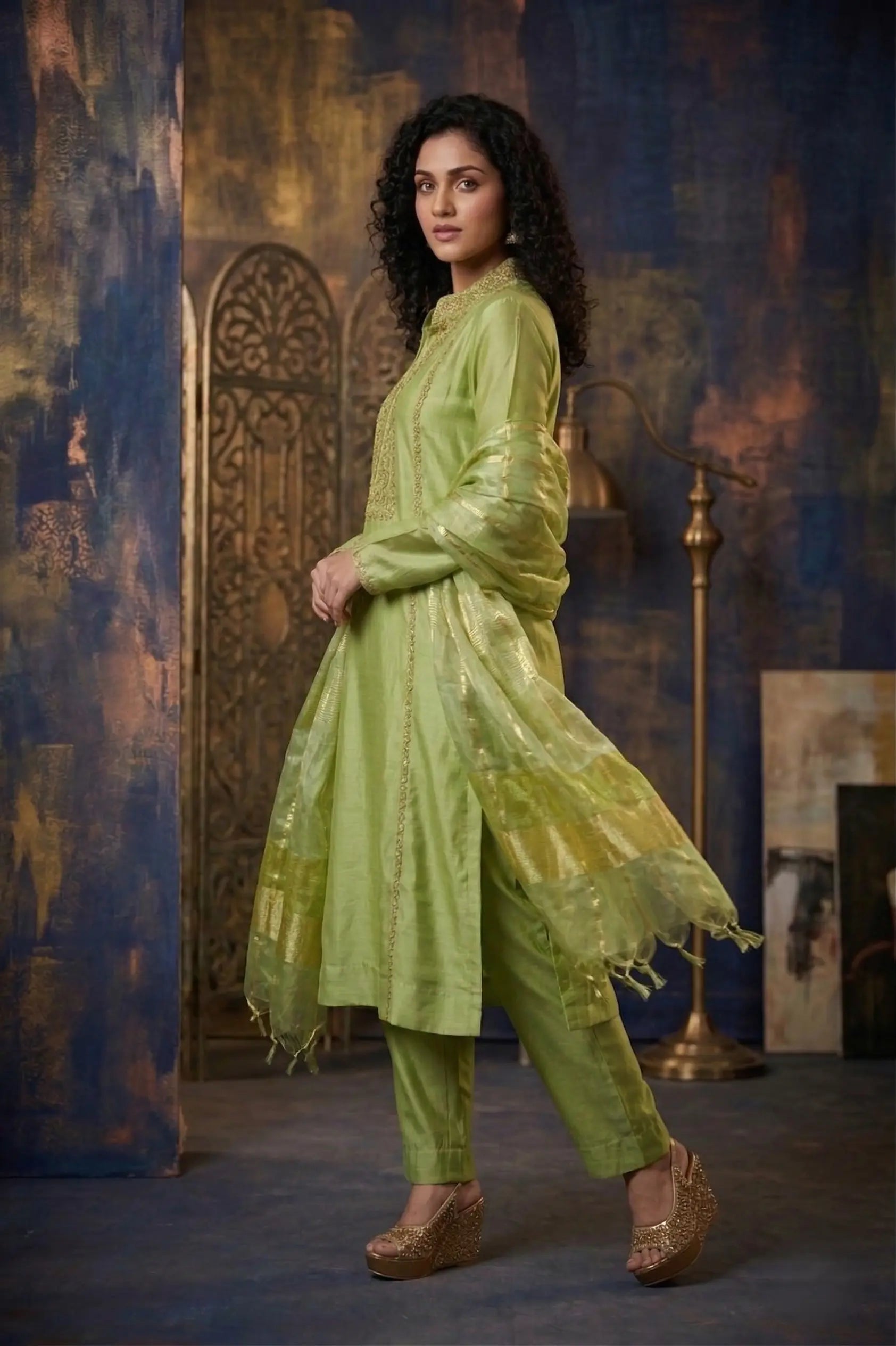 Pistachio Green Mul Chanderi Zardozi Embroidered Straight Suit Set