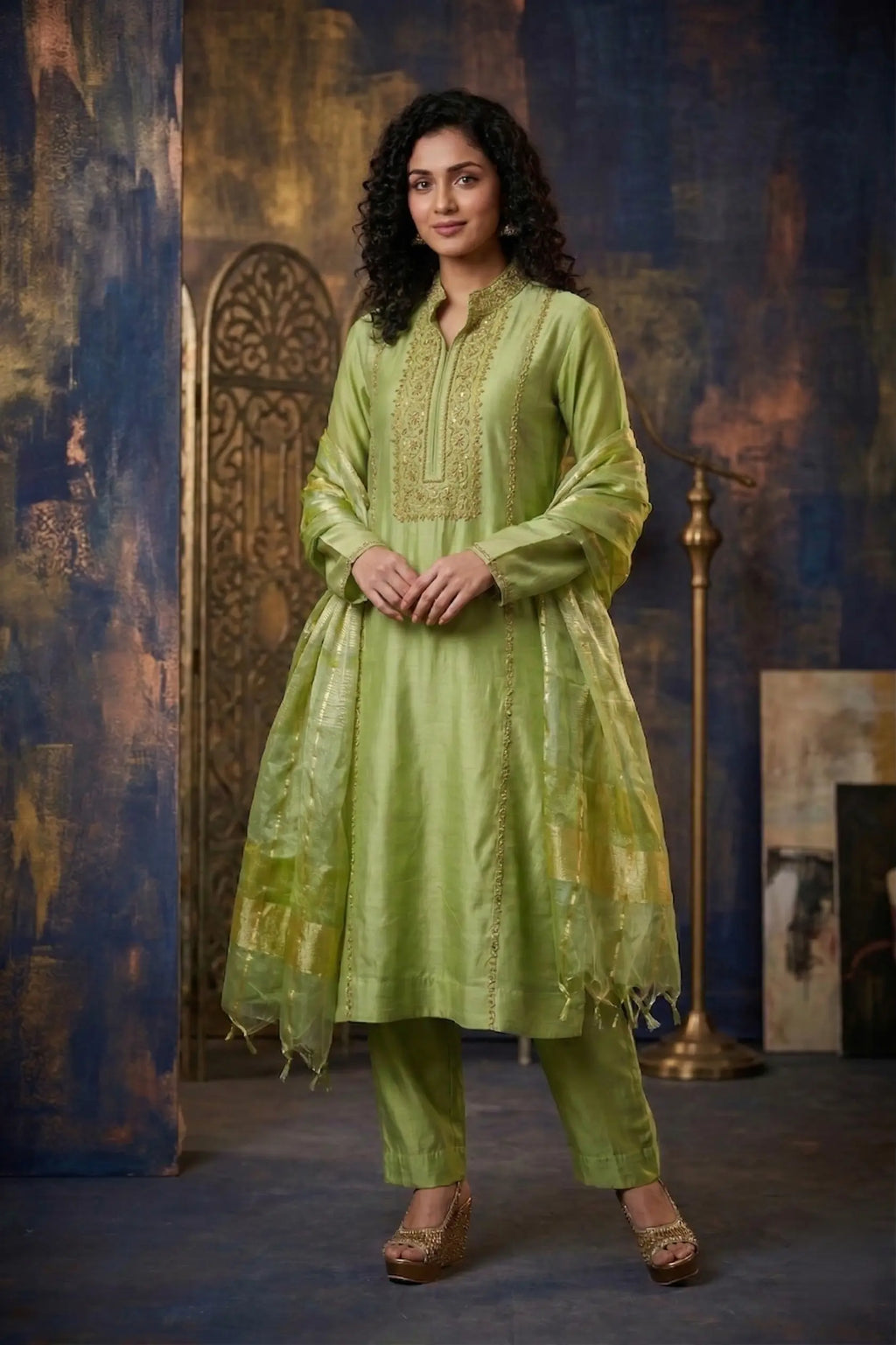 Pistachio Green Mul Chanderi Zardozi Embroidered Straight Suit Set