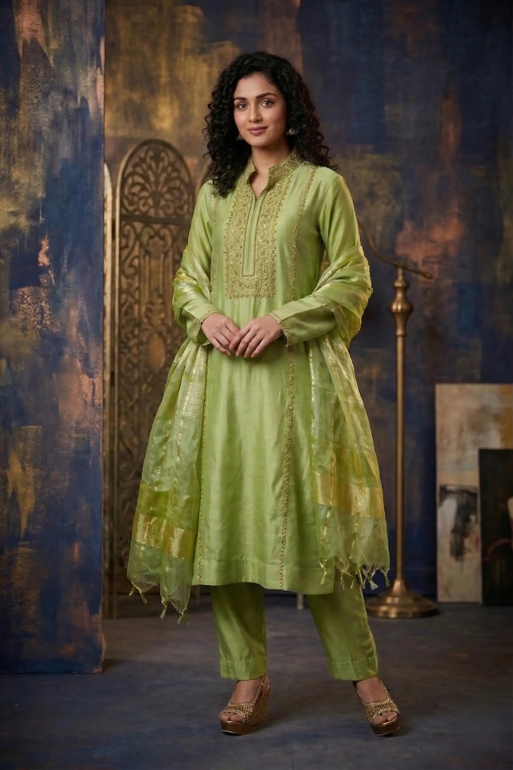 Pistachio Green Mul Chanderi Zardozi Embroidered Straight Suit Set