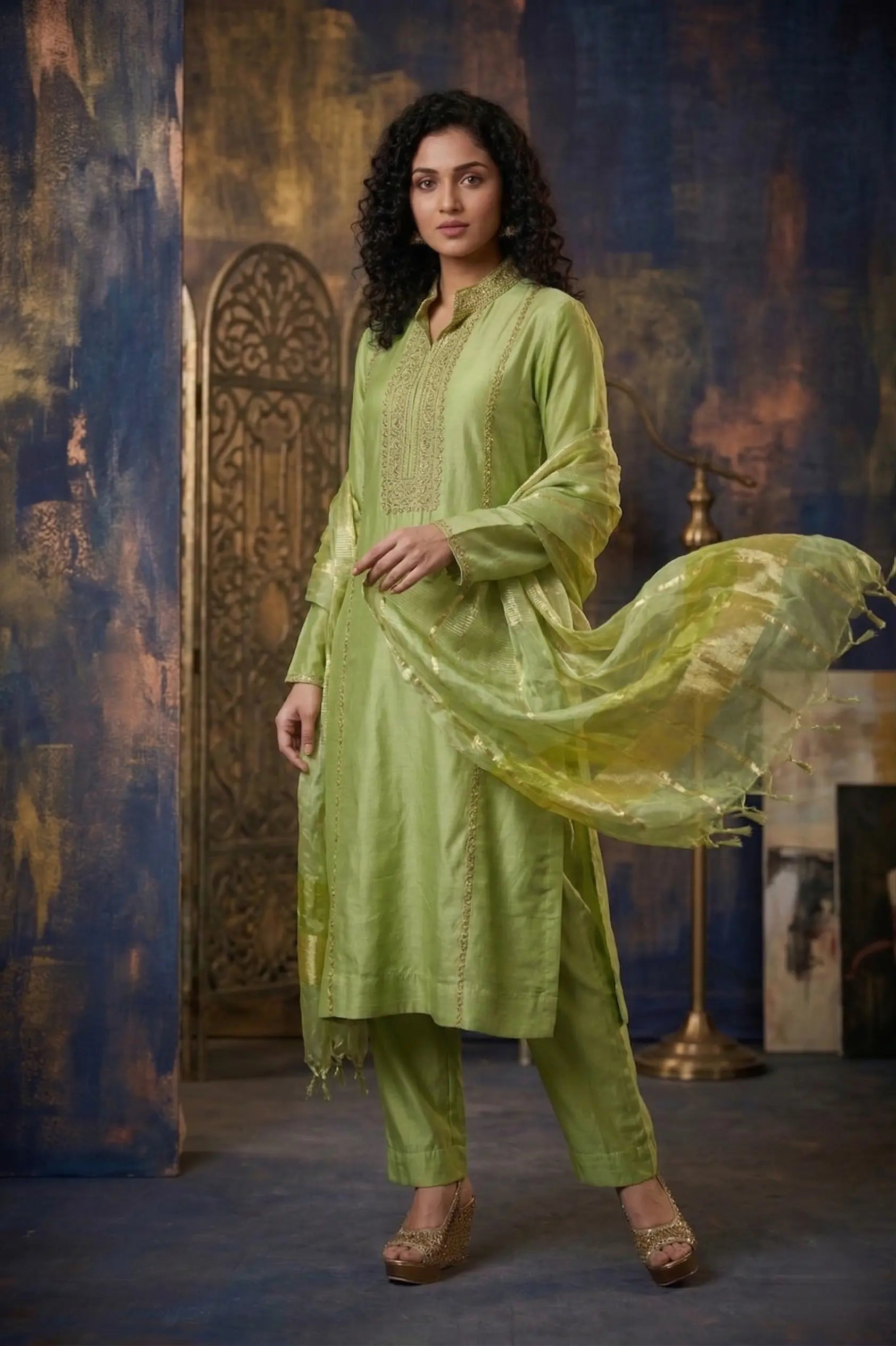 Pistachio Green Mul Chanderi Zardozi Embroidered Straight Suit Set