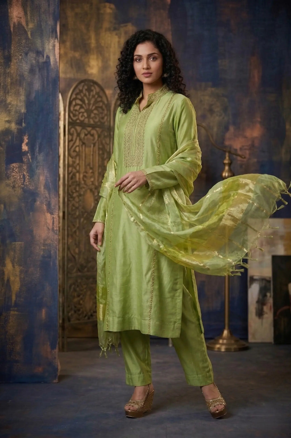 Pistachio Green Mul Chanderi Zardozi Embroidered Straight Suit Set