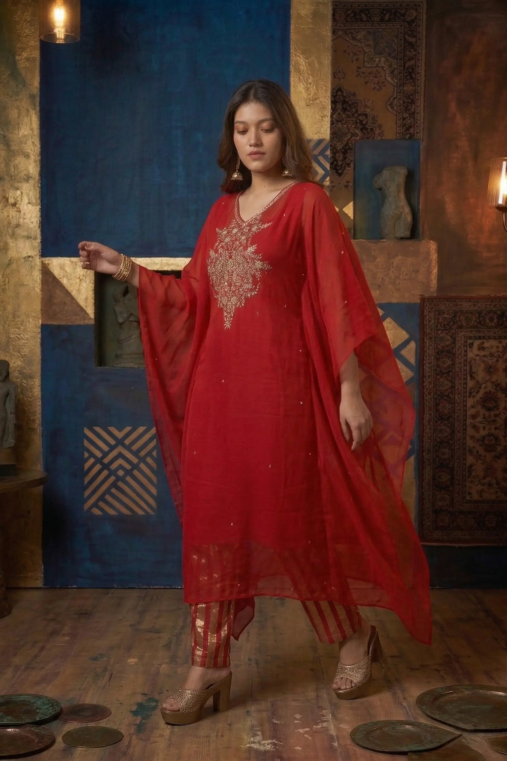 Zaria Pure Georgette Zardozi Kaftan Set - Classic Red