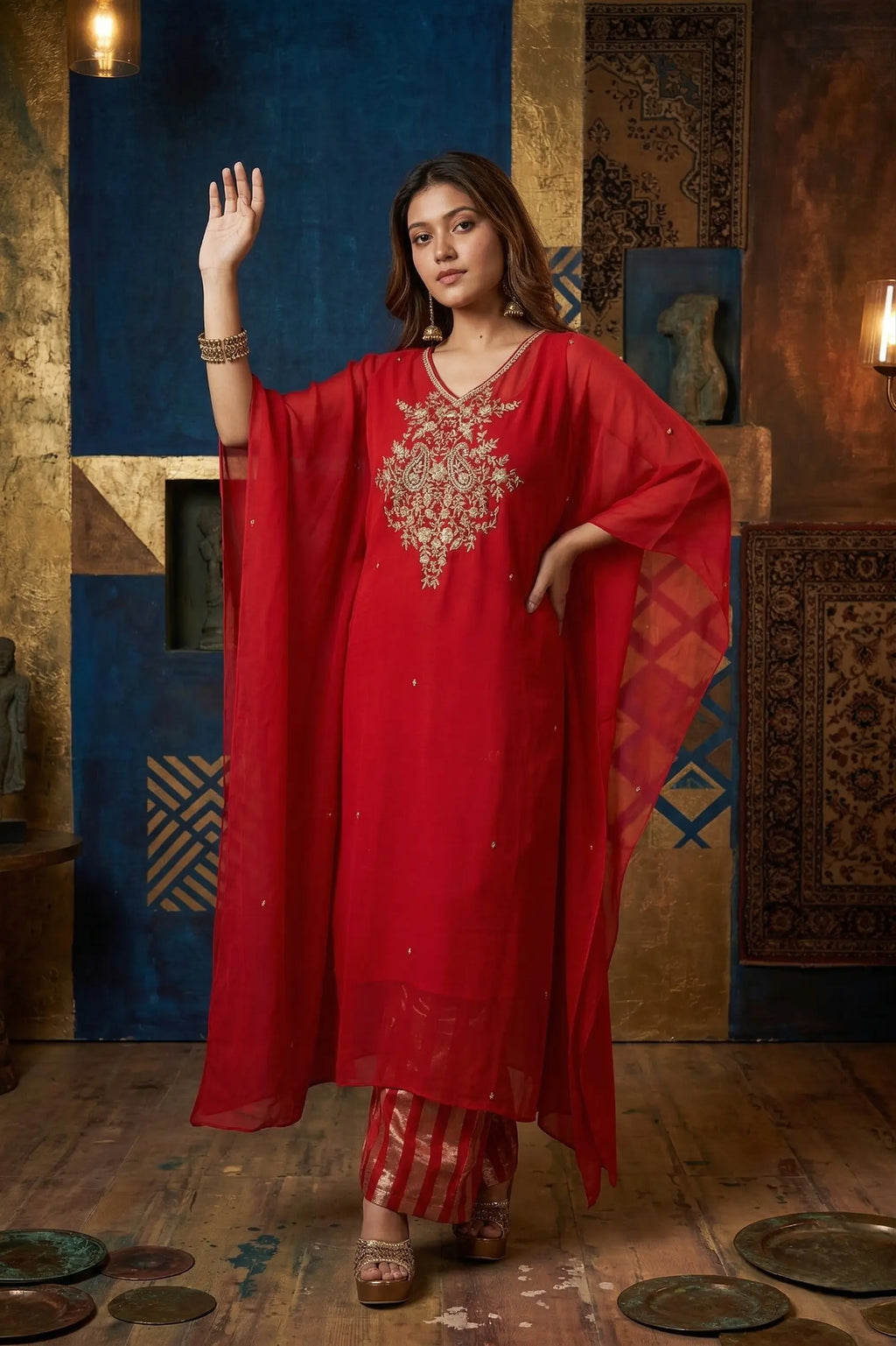 Zaria Pure Georgette Zardozi Kaftan Set - Classic Red