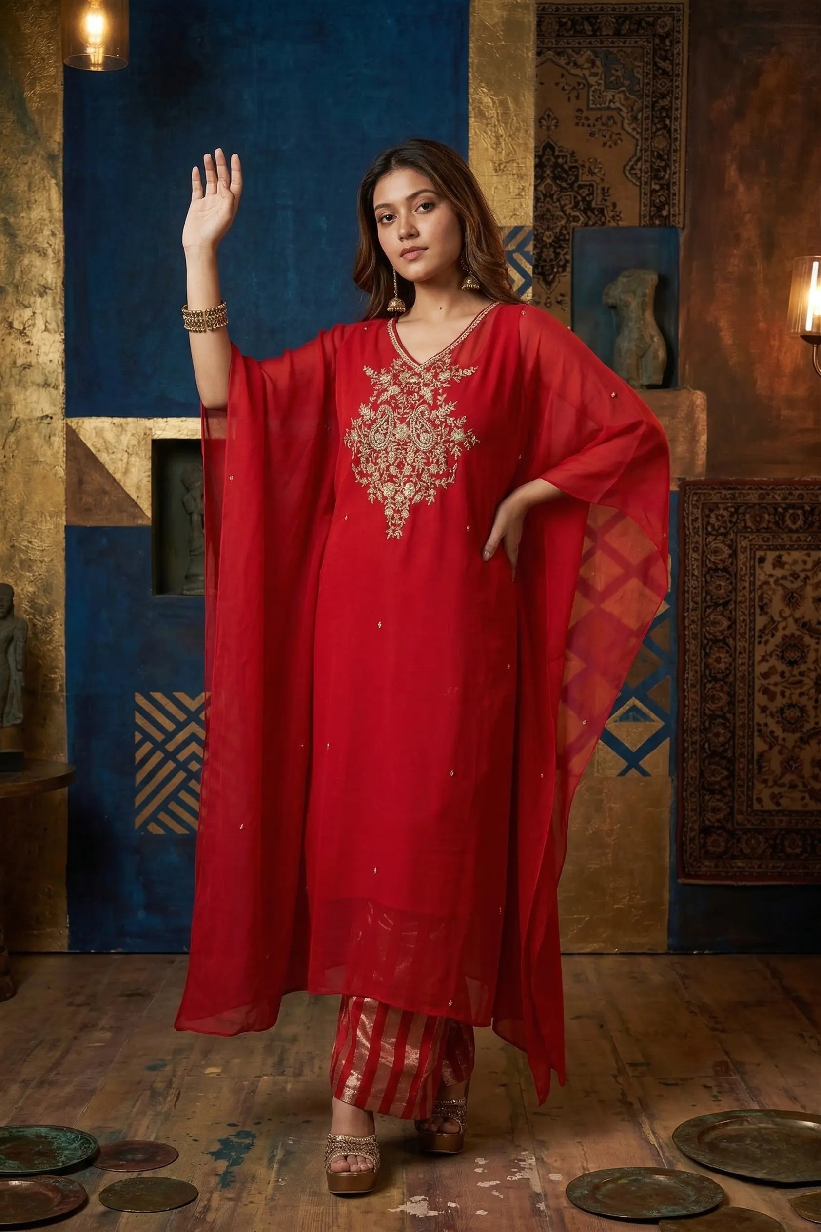 Zaria Pure Georgette Zardozi Kaftan Set - Classic Red