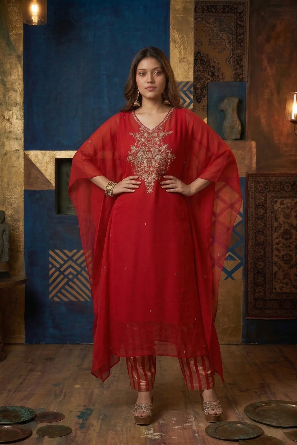 Zaria Pure Georgette Zardozi Kaftan Set - Classic Red