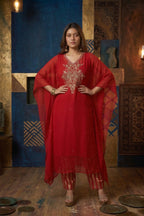 Zaria Pure Georgette Zardozi Kaftan Set - Classic Red