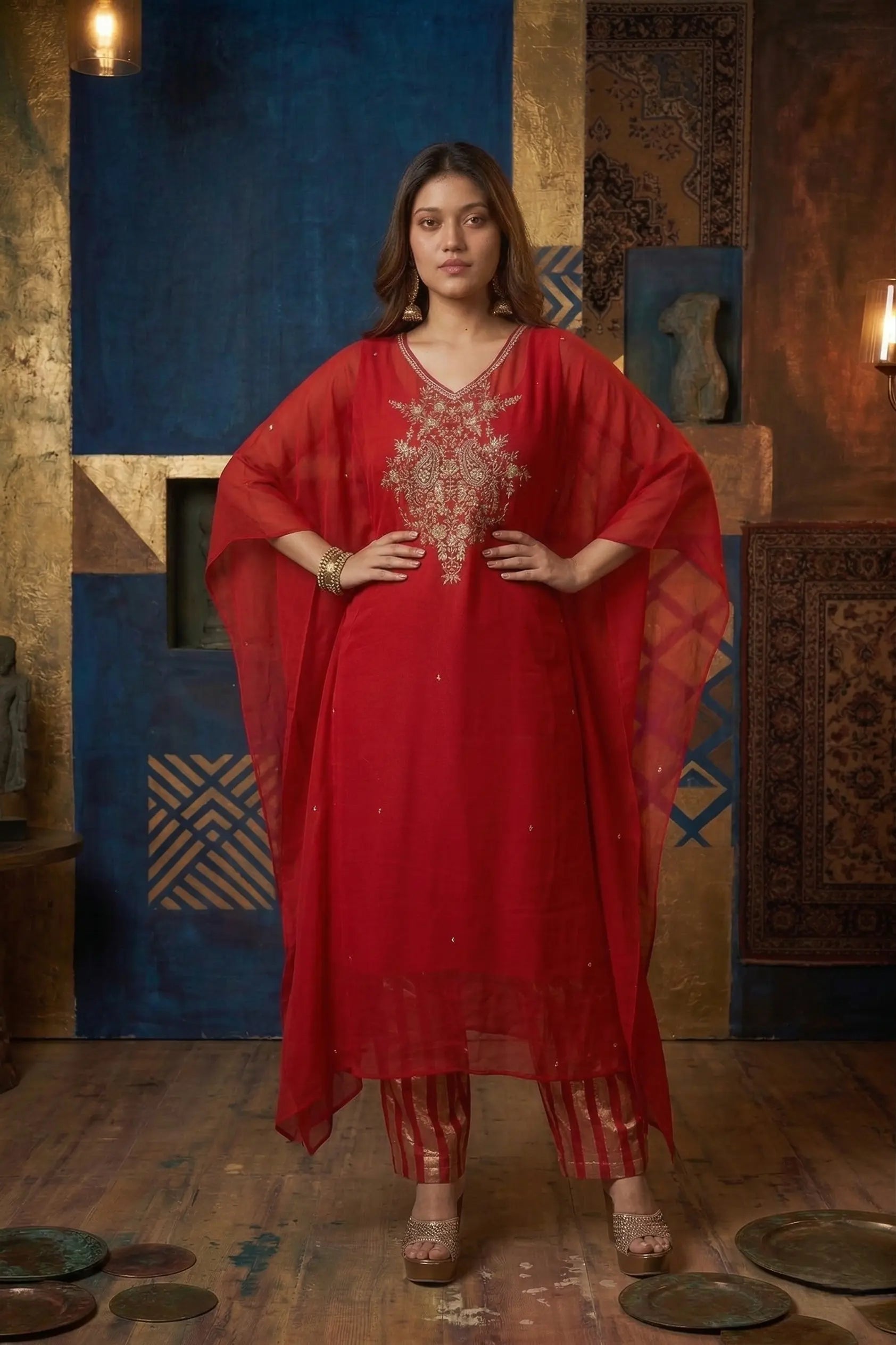 Zaria Pure Georgette Zardozi Kaftan Set - Classic Red