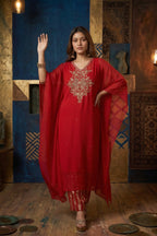 Zaria Pure Georgette Zardozi Kaftan Set - Classic Red