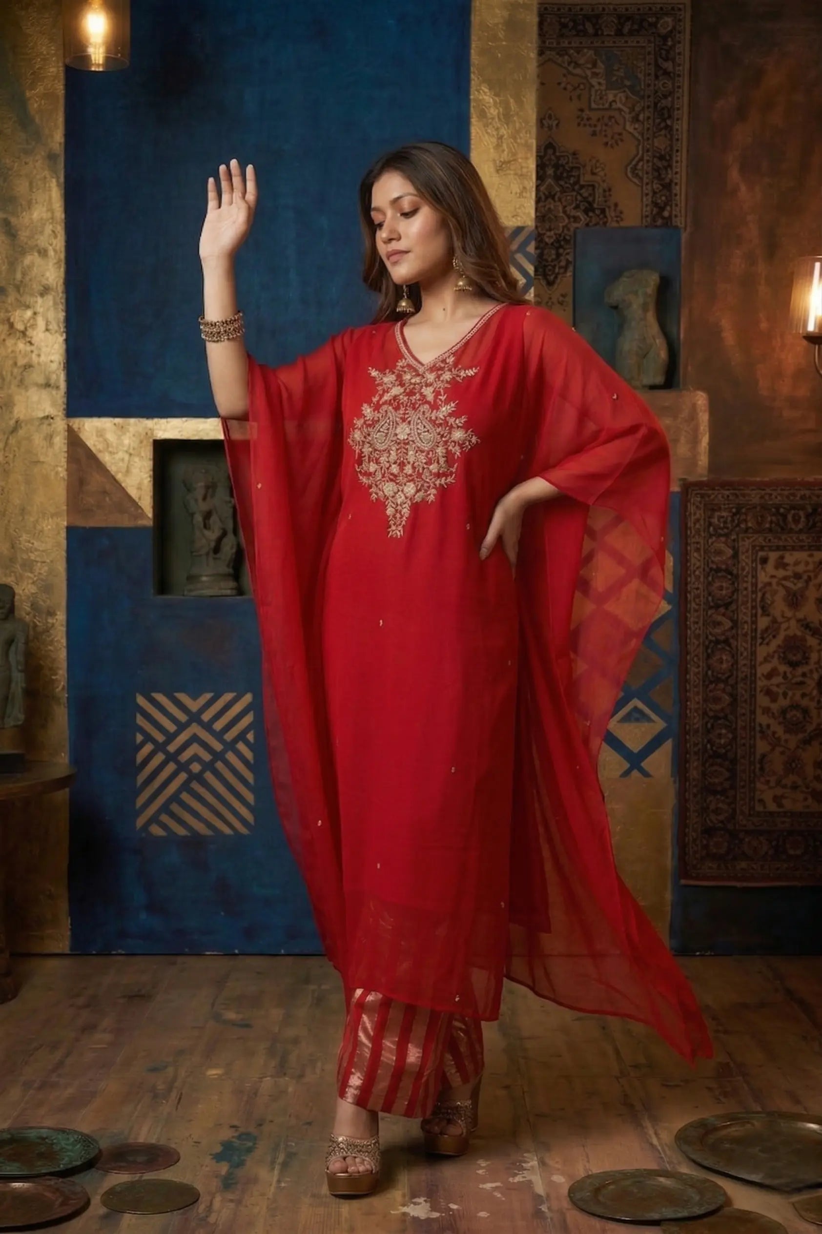 Zaria Pure Georgette Zardozi Kaftan Set - Classic Red