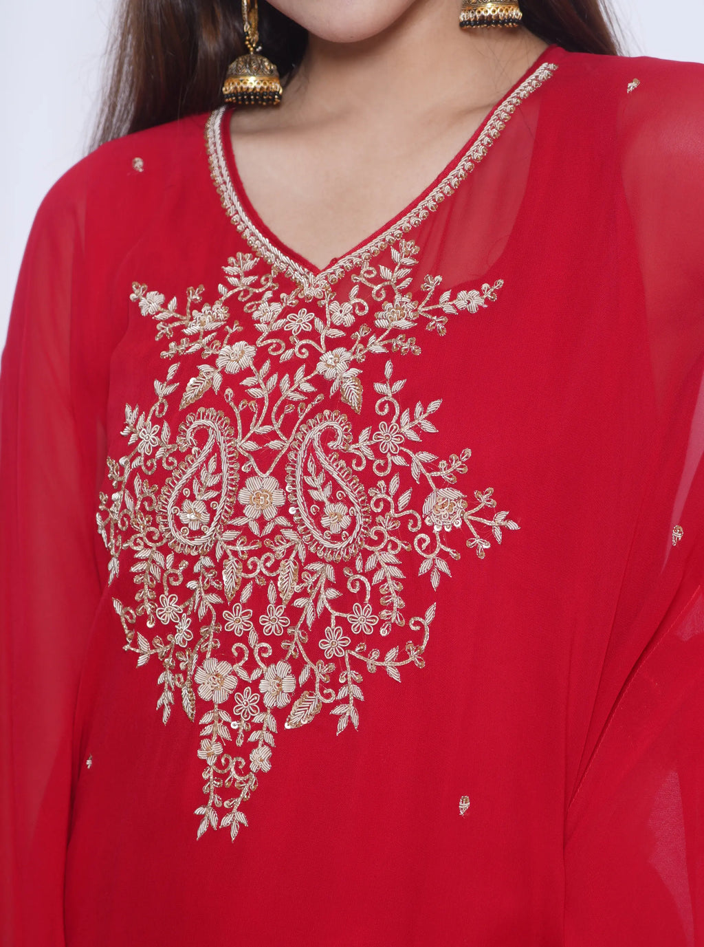Zaria Pure Georgette Zardozi Kaftan Set - Classic Red