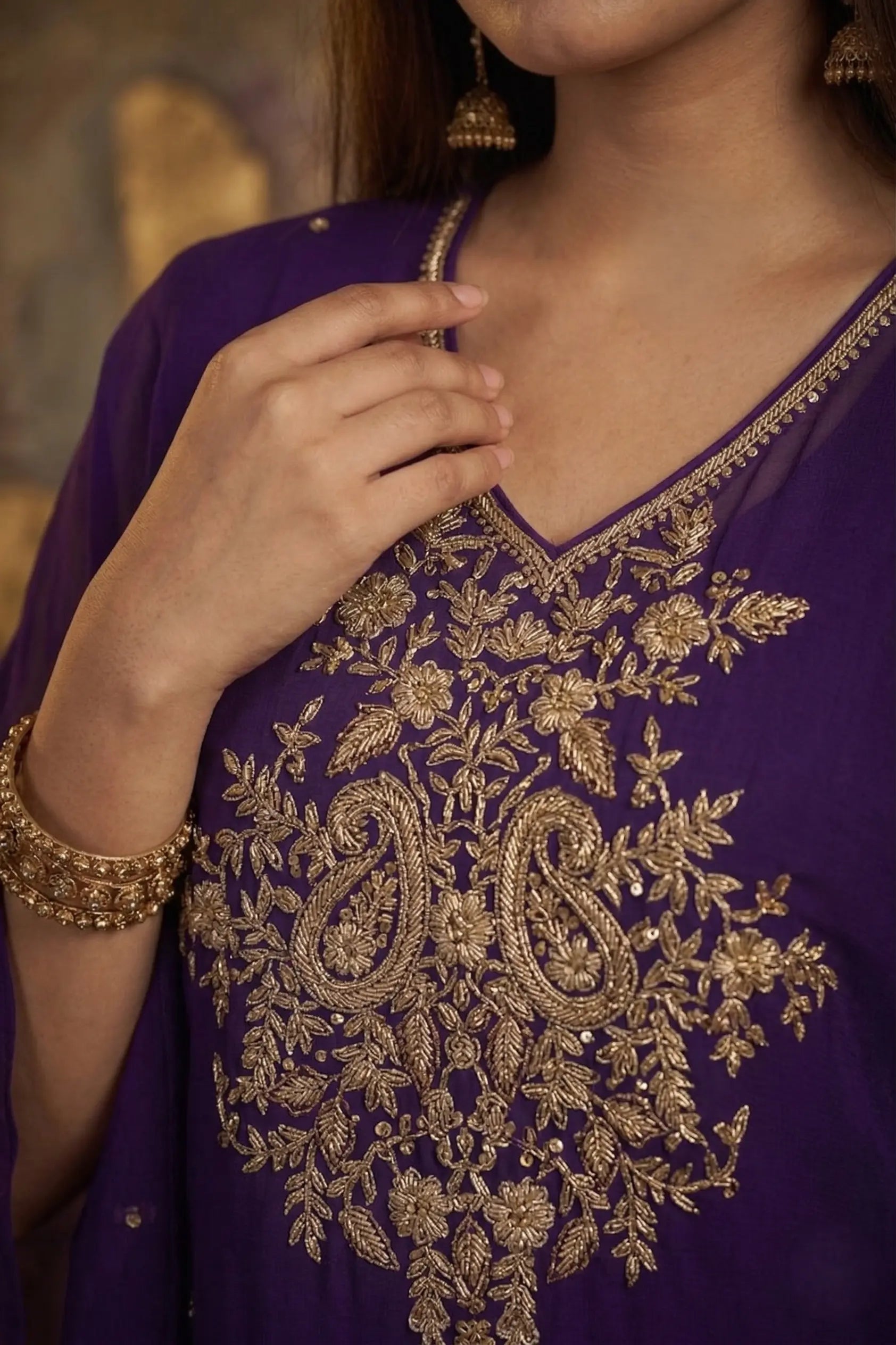 Zaria Pure Georgette Zardozi Kaftan Set- Deep Purple