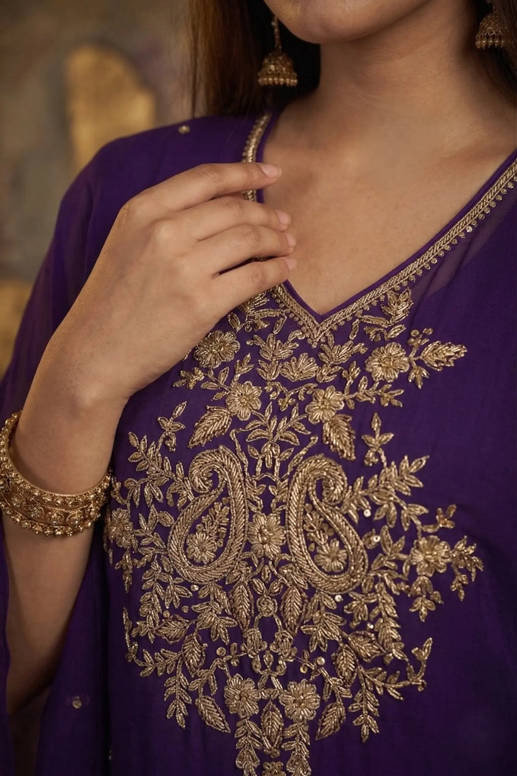 Zaria Pure Georgette Zardozi Kaftan Set- Deep Purple