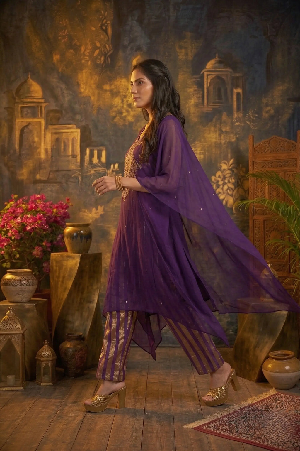 Zaria Pure Georgette Zardozi Kaftan Set- Deep Purple