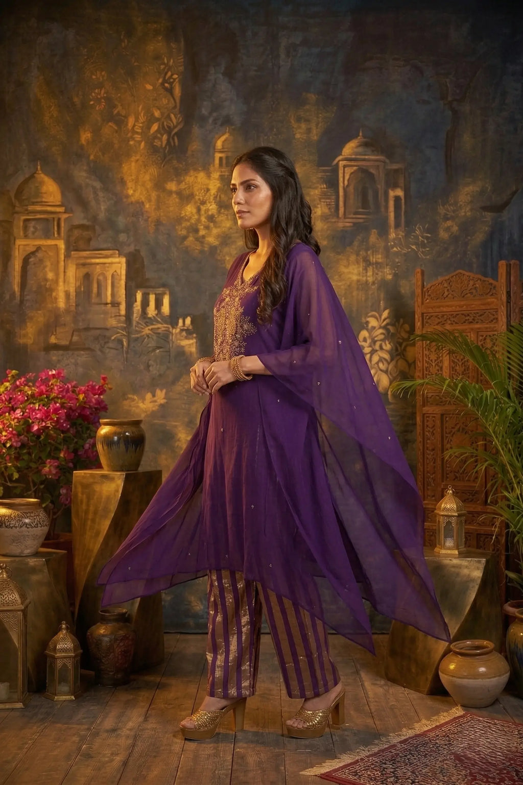 Zaria Pure Georgette Zardozi Kaftan Set- Deep Purple