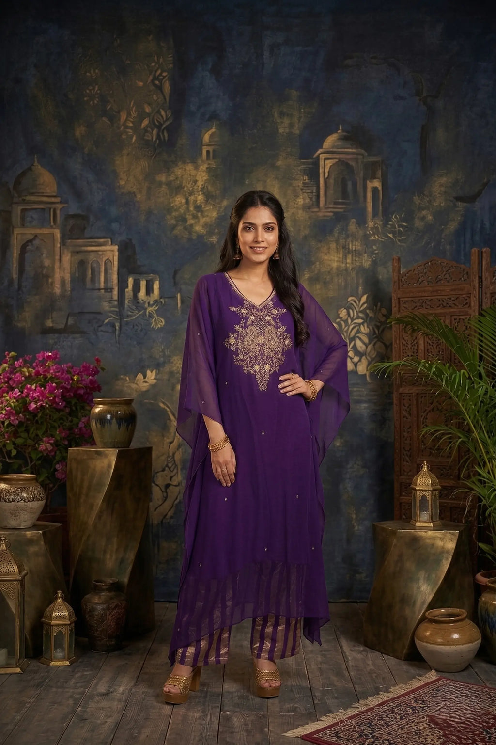 Zaria Pure Georgette Zardozi Kaftan Set- Deep Purple