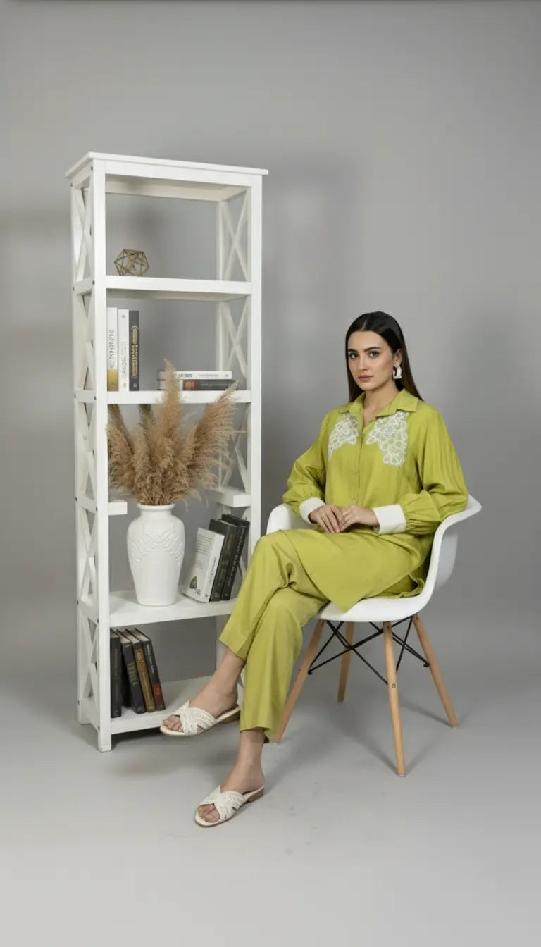 Woman in a green outfit sitting on a chair next to a white bookshelf against a gray background