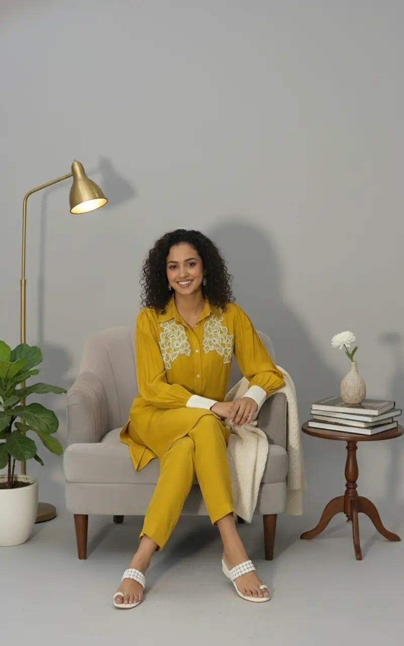 Woman in a yellow outfit sitting on a chair in a room with a lamp, plant, and small table.