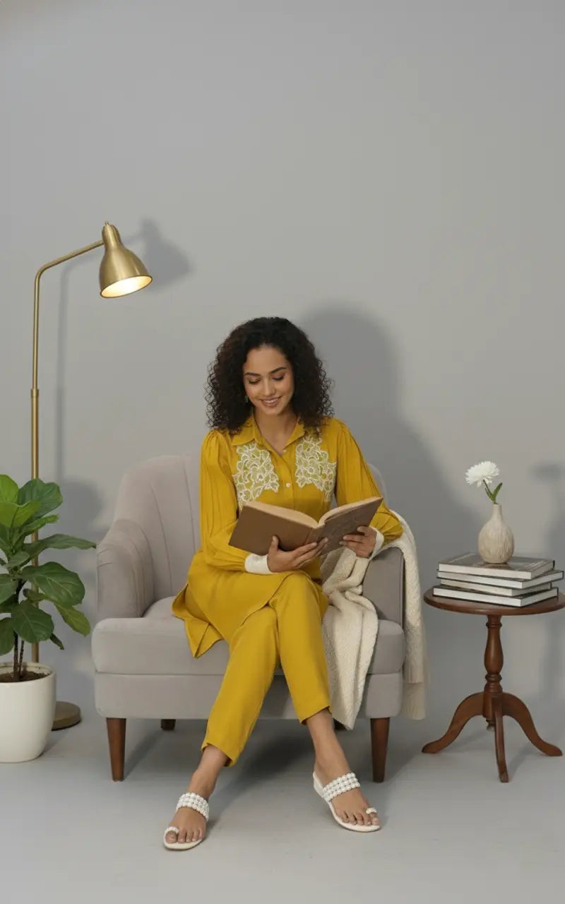 Woman in yellow outfit reading a book in a cozy living room.