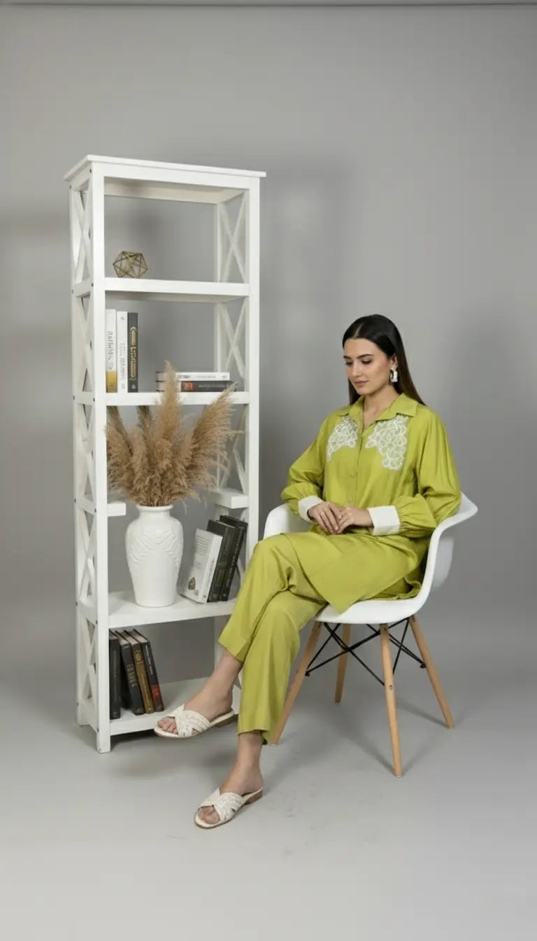 Woman in a green outfit sitting on a white chair next to a white bookshelf against a gray background