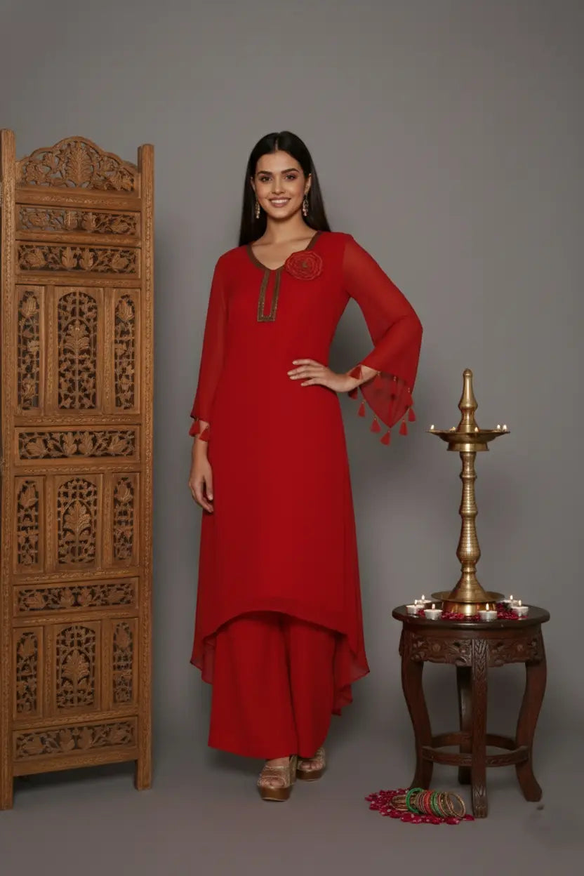 Woman wearing A Bold and elegant crimson georgette kurti set with thread and cutdana work, tassel-detailed sleeves, soft shantoon lining, and stylish crepe bell-bottom pants.