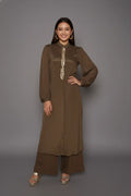 Woman wearing a brown dress exquisite shirt-style kurti coord set, crafted from pure chinnon chiffon
