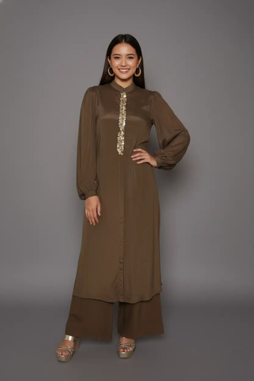 Pearl-Sequin Zardozi Kurti & Crepe Pants Set