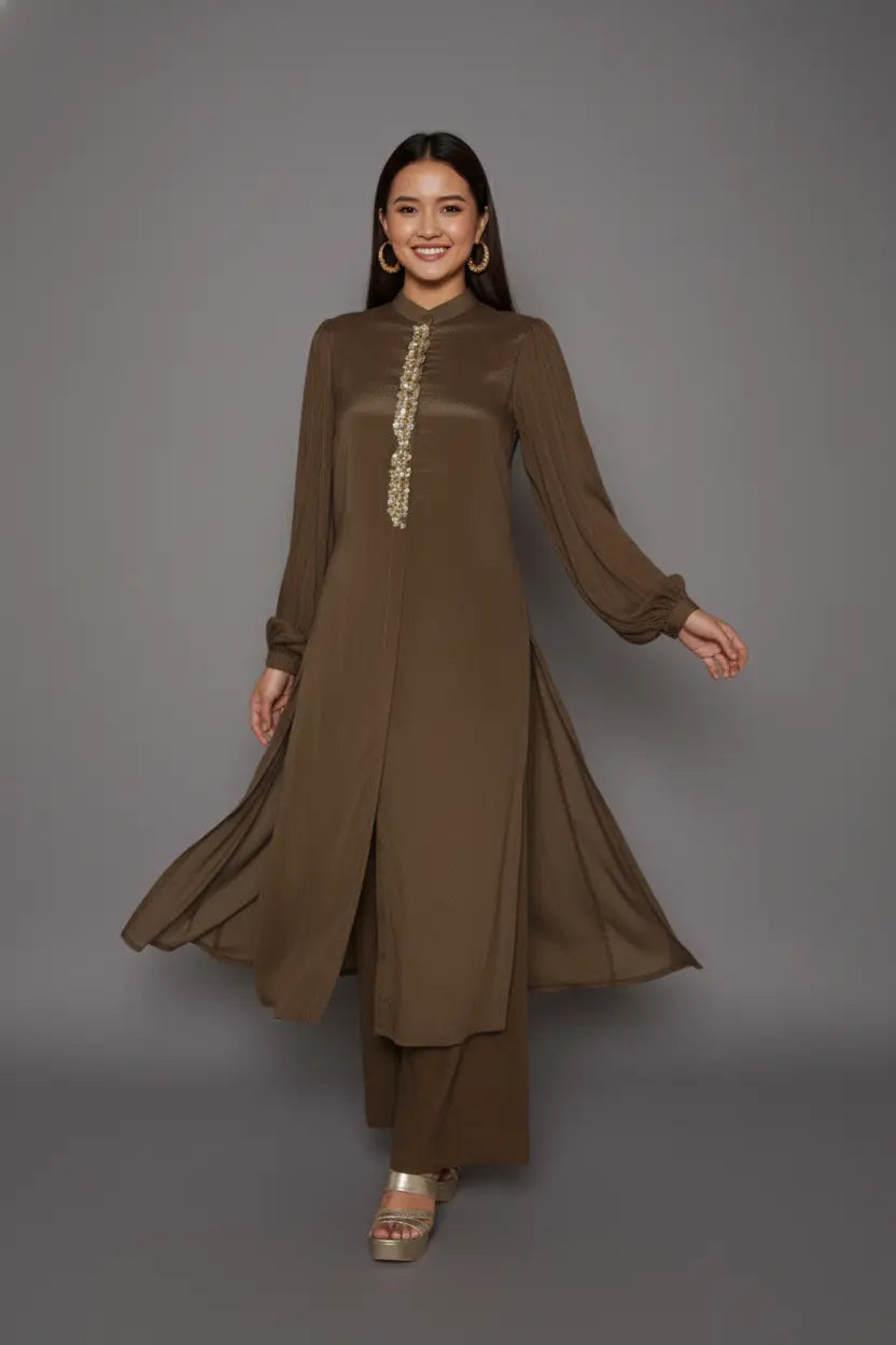 Woman wearing a brown dress exquisite shirt-style kurti coord set, crafted from pure chinnon chiffon