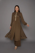 Woman wearing a brown dress exquisite shirt-style kurti coord set, crafted from pure chinnon chiffon