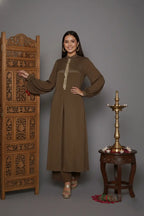 Woman wearing a brown dress exquisite shirt-style kurti coord set, crafted from pure chinnon chiffon