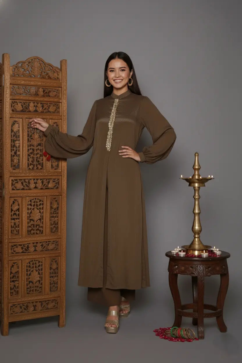 Woman wearing a brown dress exquisite shirt-style kurti coord set, crafted from pure chinnon chiffon