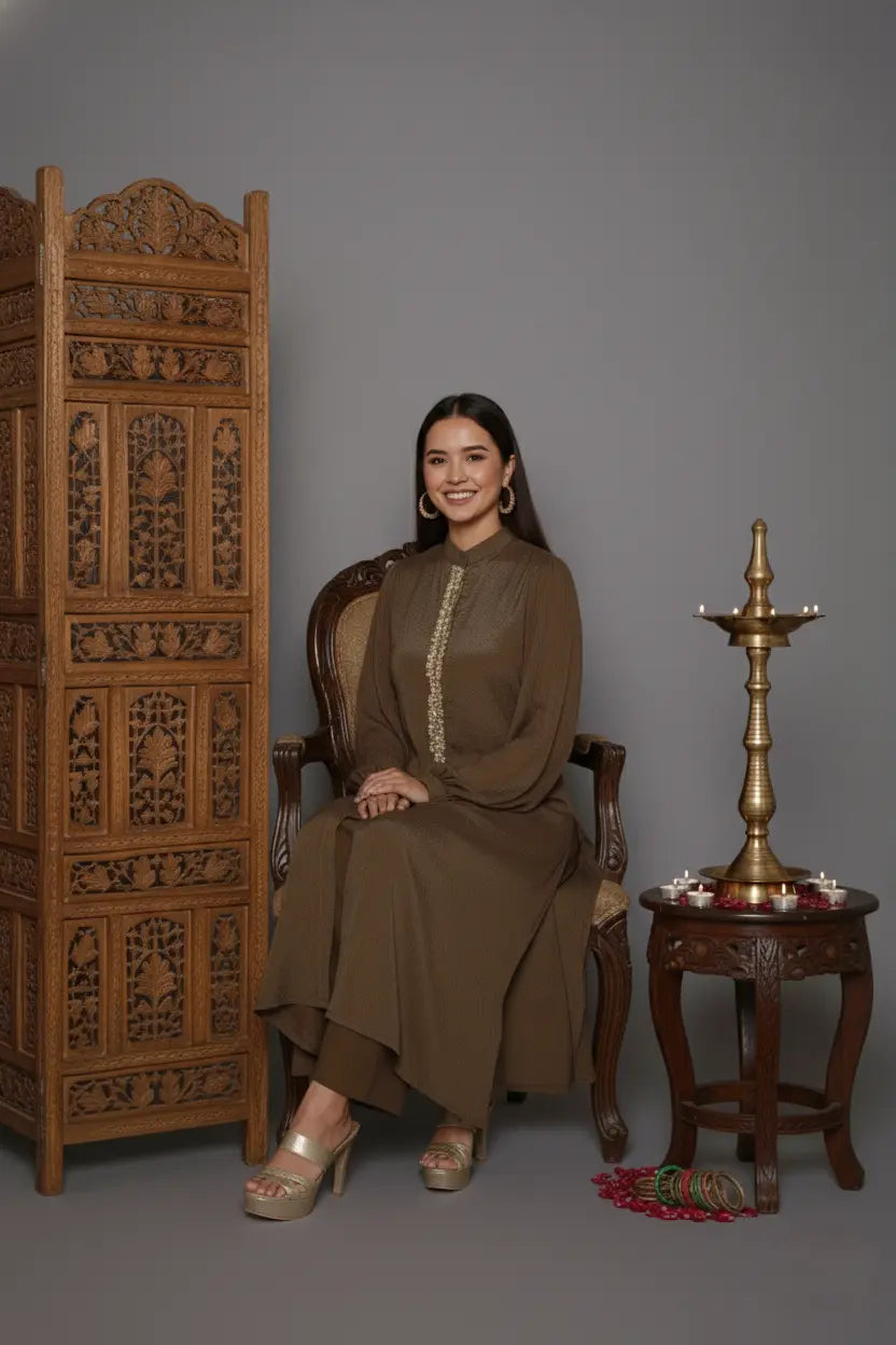 Woman wearing a brown dress exquisite shirt-style kurti coord set, crafted from pure chinnon chiffon