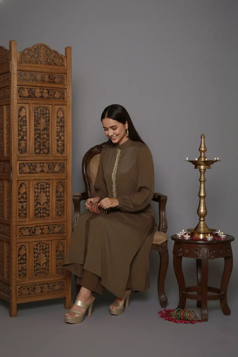 Woman wearing a brown dress exquisite shirt-style kurti coord set, crafted from pure chinnon chiffon
