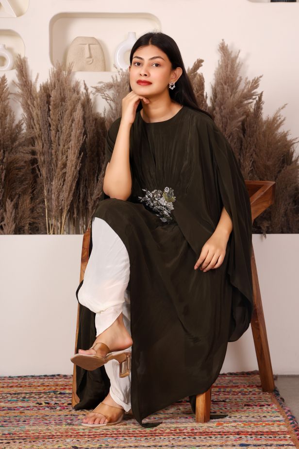 Olive Grace Asymmetric Kaftan & Dhoti Set