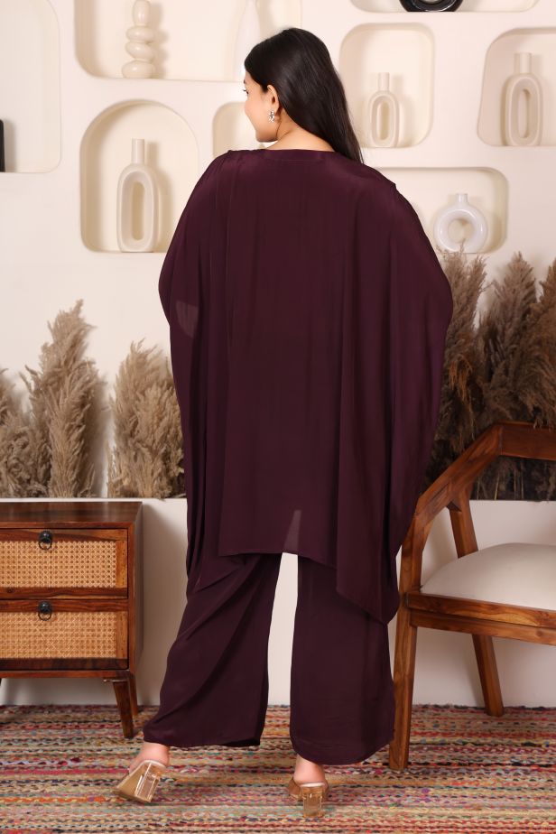 Wine Boho Threadwork Tassel Kaftan Co-ord Set - Image 3