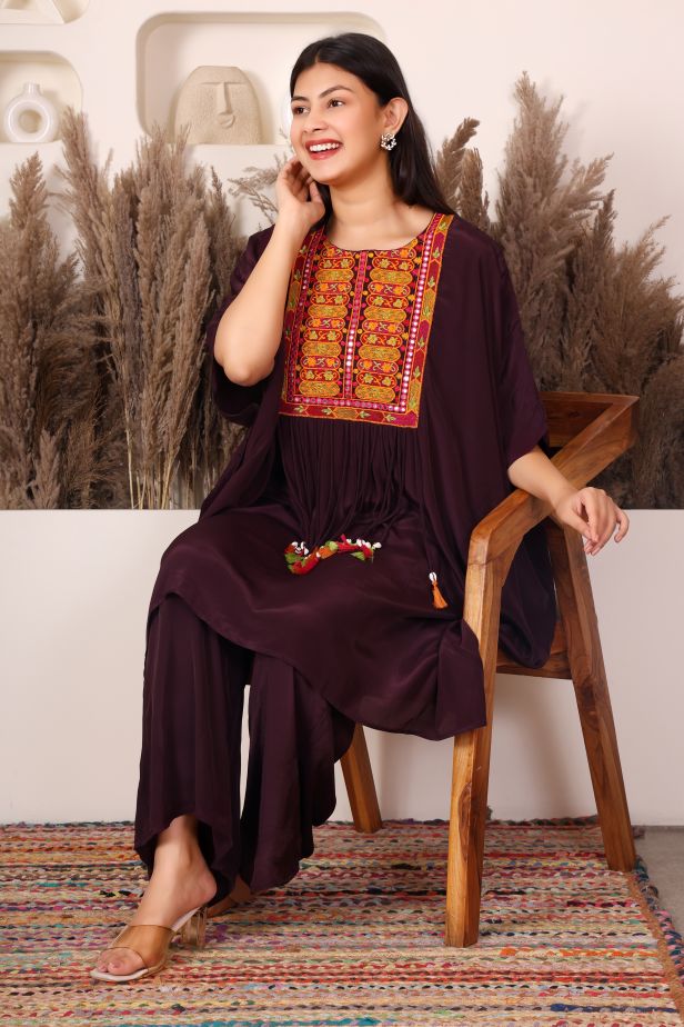 Wine Boho Threadwork Tassel Kaftan Co-ord Set
