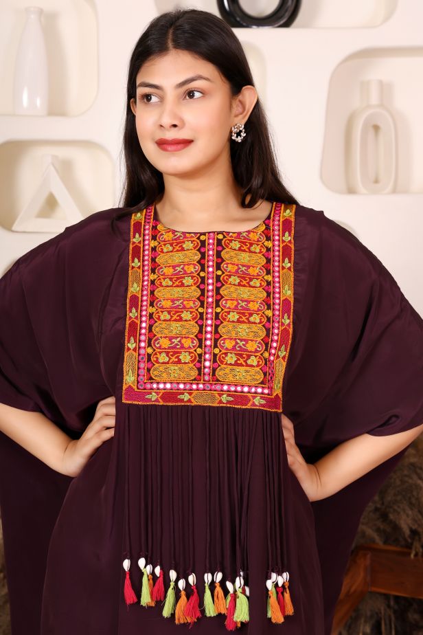 Wine Boho Threadwork Tassel Kaftan Co-ord Set - Image 2