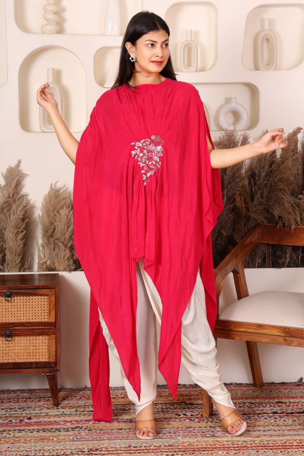 Crimson Asymmetric Drape Kaftan with Embroidered Brooch & Dhoti Set - Image 4