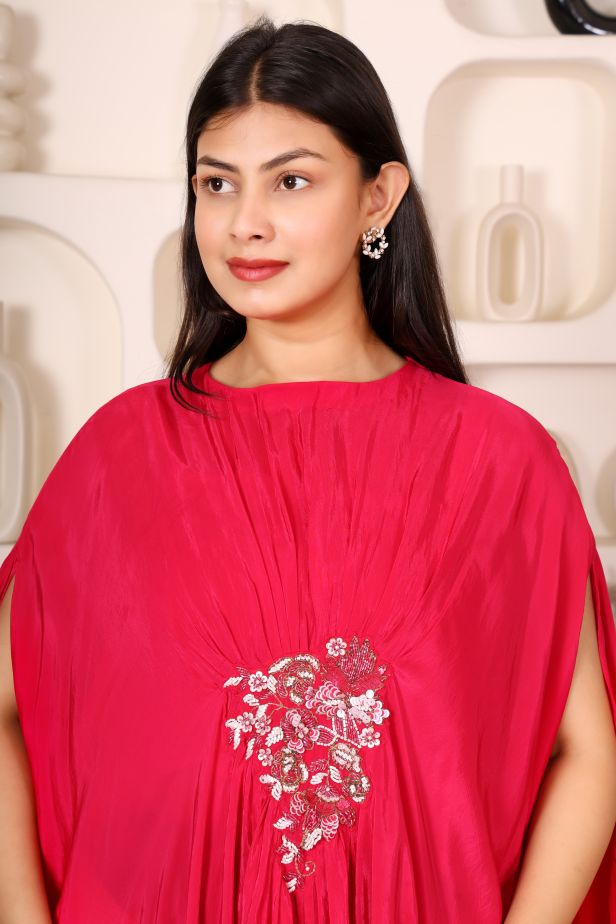 Crimson Asymmetric Drape Kaftan with Embroidered Brooch & Dhoti Set - Image 2