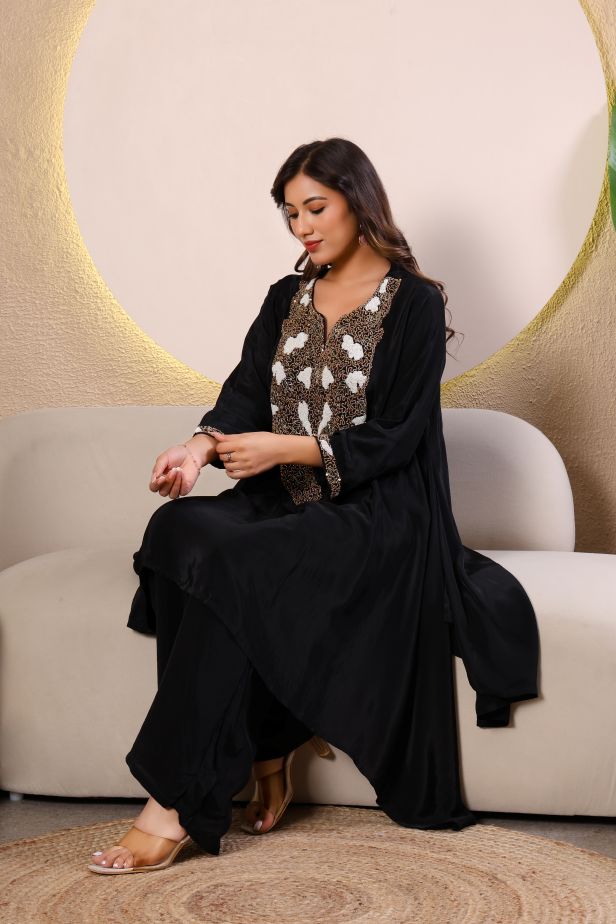 Midnight Glow Black Crepe Cord Set – Cutdana Embellished Elegance